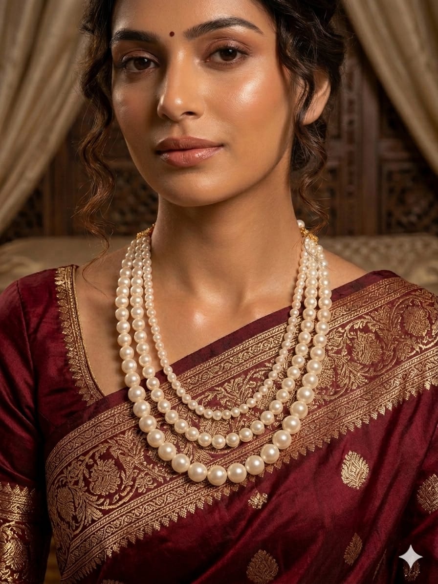 🤍 3 Layer Pearl Necklace for Women | Elegant Multi-Layer Pearl Mala - Image 4