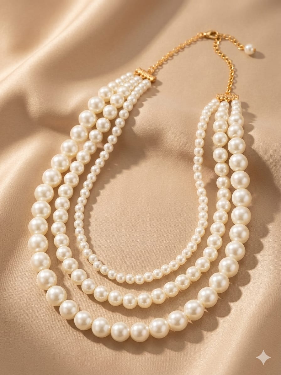 🤍 3 Layer Pearl Necklace for Women | Elegant Multi-Layer Pearl Mala - Image 3