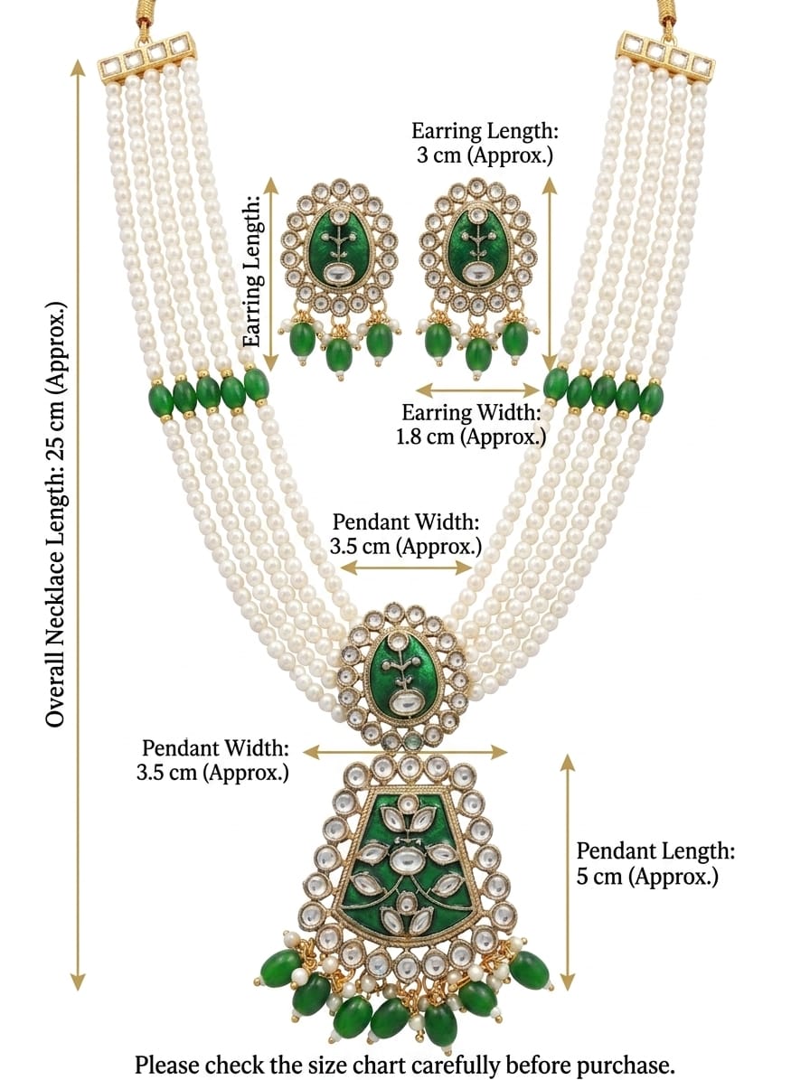 💚 Royal Green Pearl Long Necklace Set with Earrings | Traditional Bridal Jewellery - Image 6