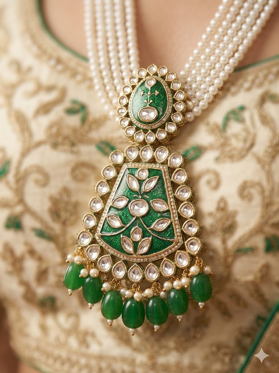 💚 Royal Green Pearl Long Necklace Set with Earrings | Traditional Bridal Jewellery - Image 4