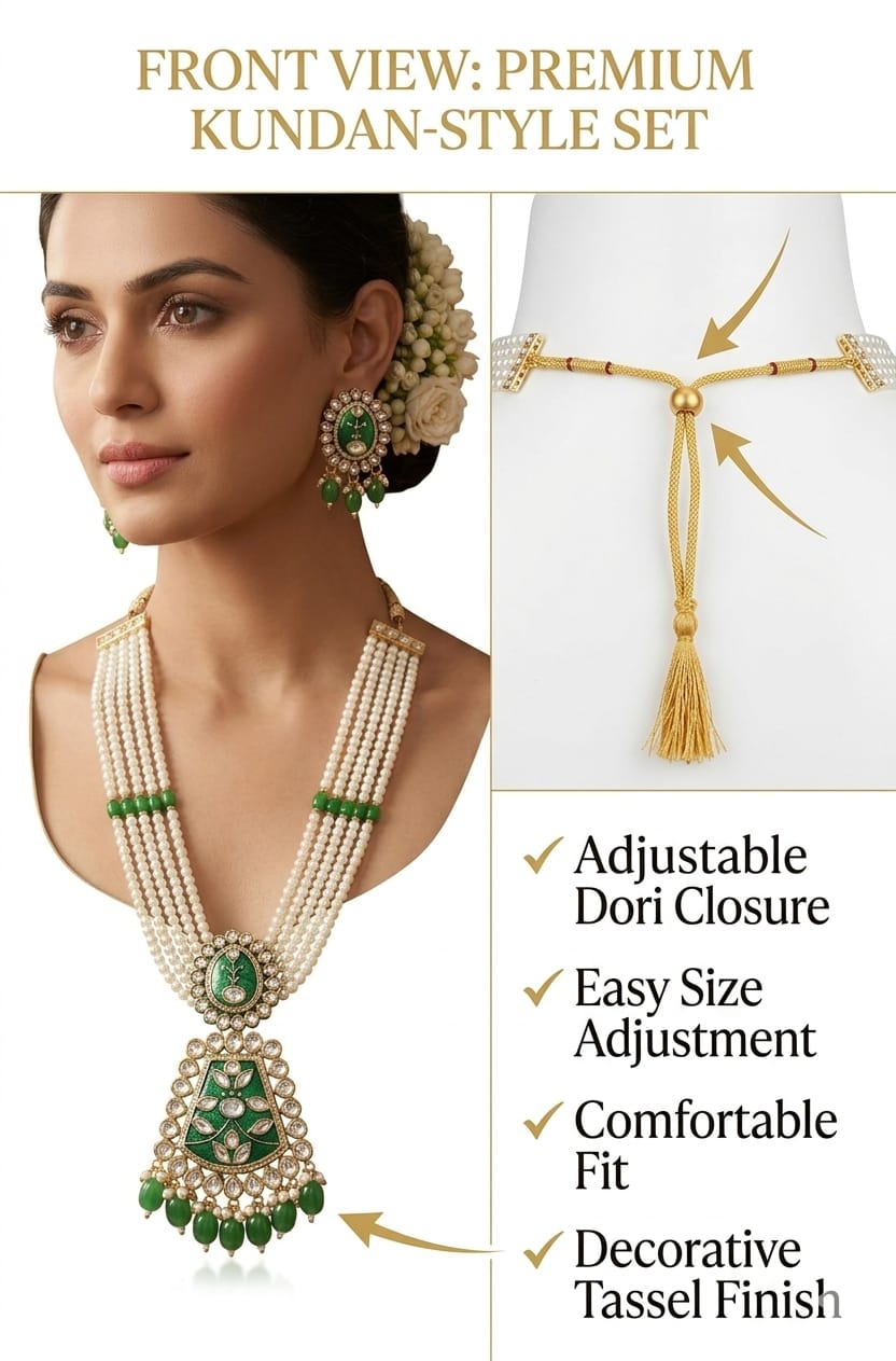 💚 Royal Green Pearl Long Necklace Set with Earrings | Traditional Bridal Jewellery - Image 10