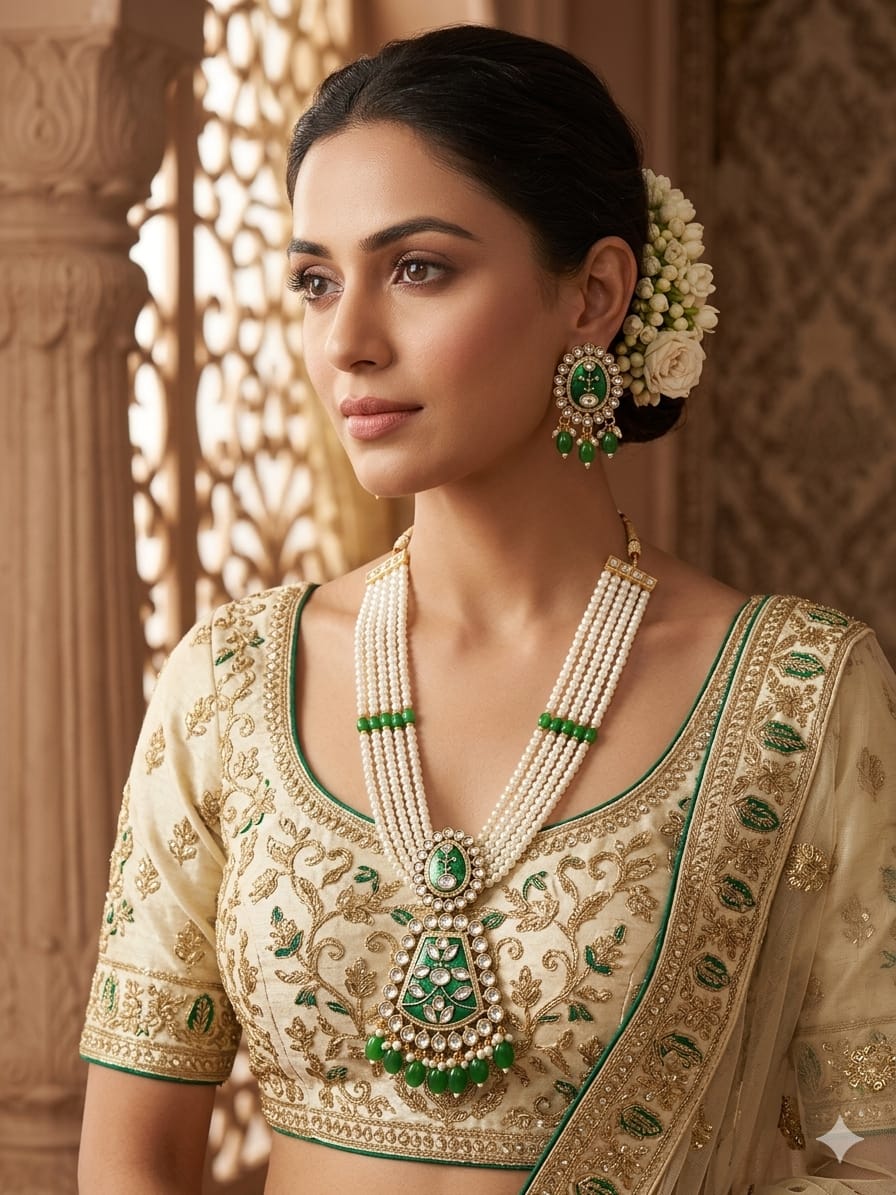 💚 Royal Green Pearl Long Necklace Set with Earrings | Traditional Bridal Jewellery - Image 3