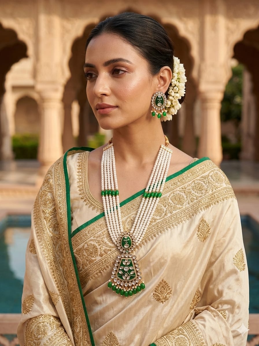 💚 Royal Green Pearl Long Necklace Set with Earrings | Traditional Bridal Jewellery - Image 2