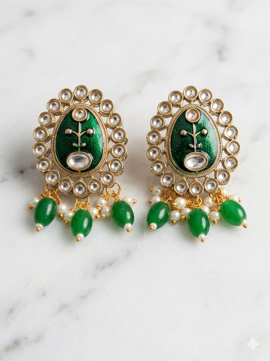 💚 Royal Green Pearl Long Necklace Set with Earrings | Traditional Bridal Jewellery - Image 5