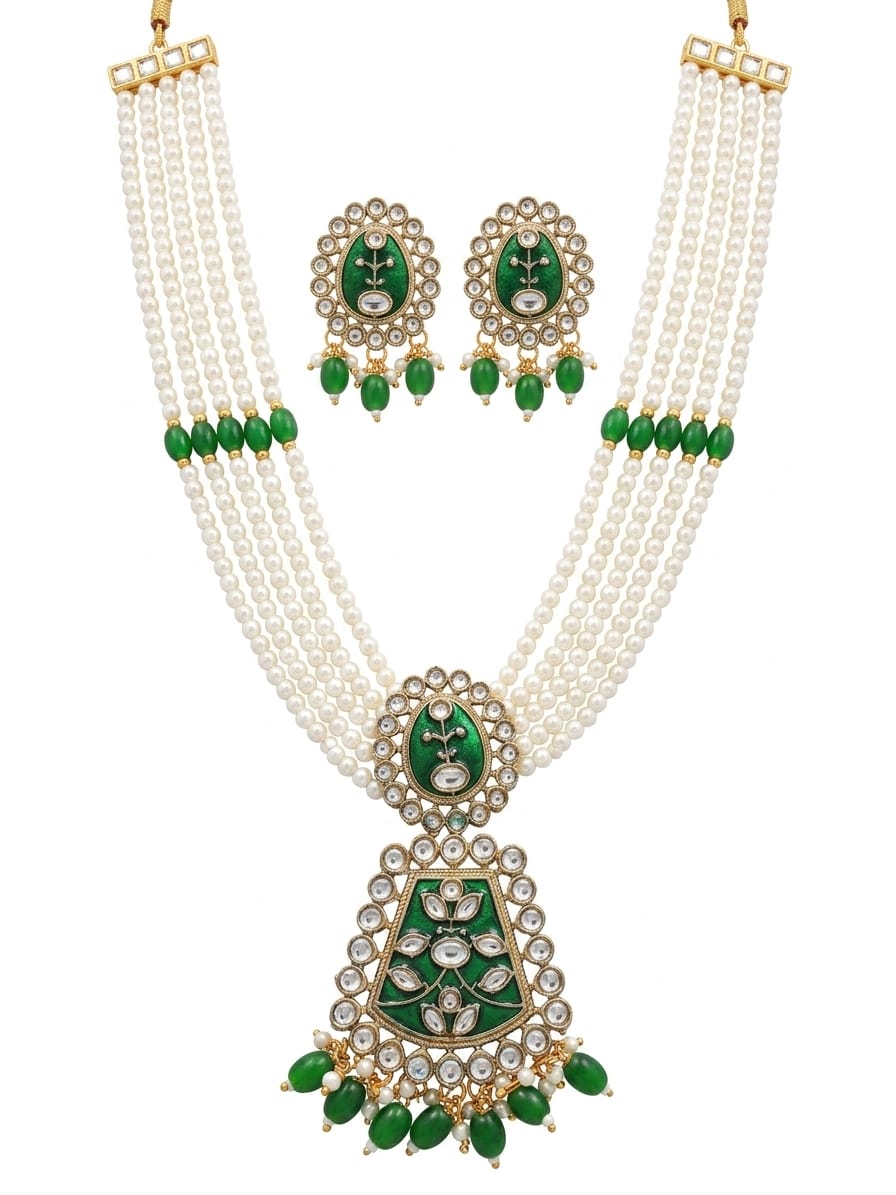 💚 Royal Green Pearl Long Necklace Set with Earrings | Traditional Bridal Jewellery - Image 9